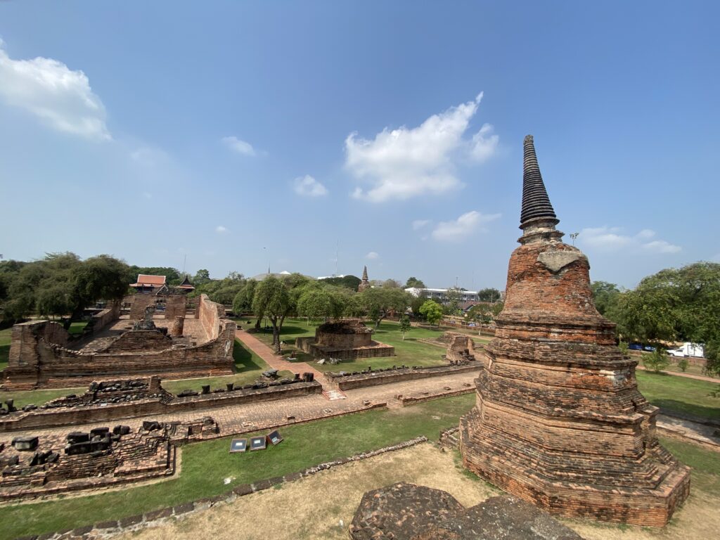 Ancient temples and ruins in Ayutthaya, Thailand, showing cultural heritage