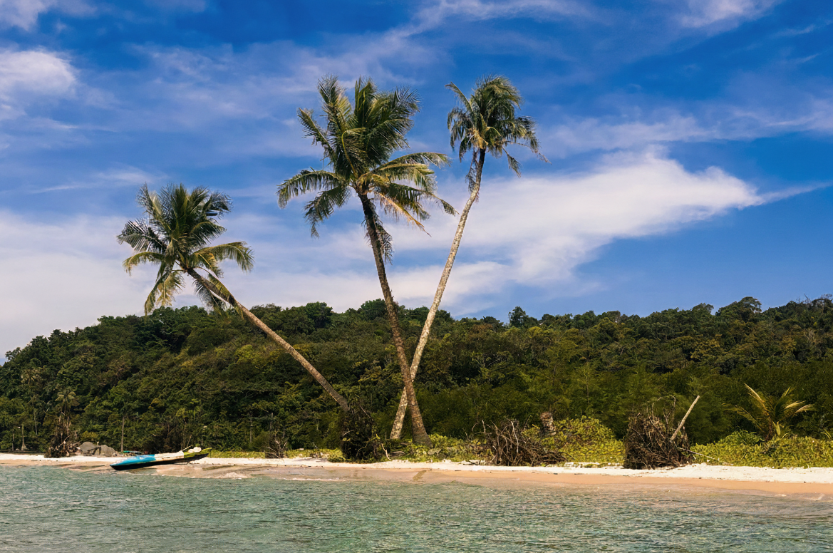 Koh Kood crystal clear water, tropical island landscape and palm trees in Thailand.