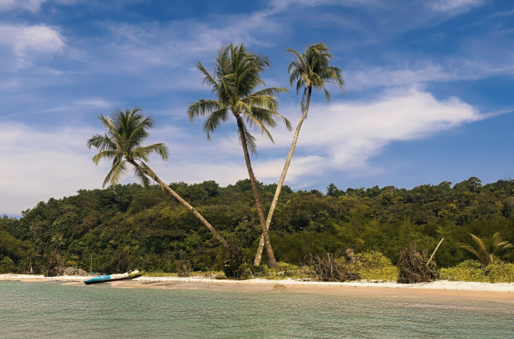Koh Kood crystal clear water, tropical island landscape and palm trees in Thailand.