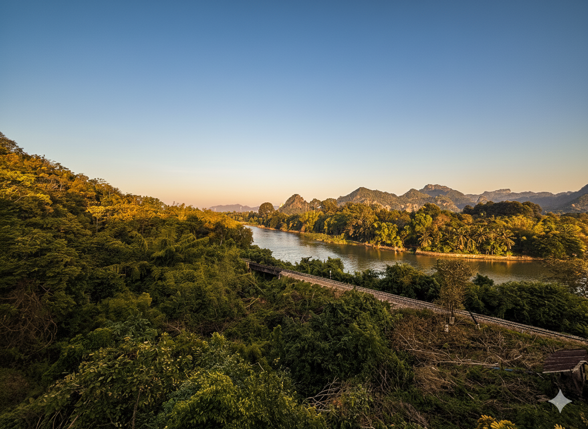 A high-angle landscape shot of the historic Thai-Burma Railway tracks following the curve of the Khwae Noi River, surrounded by dense tropical forest and limestone hills.